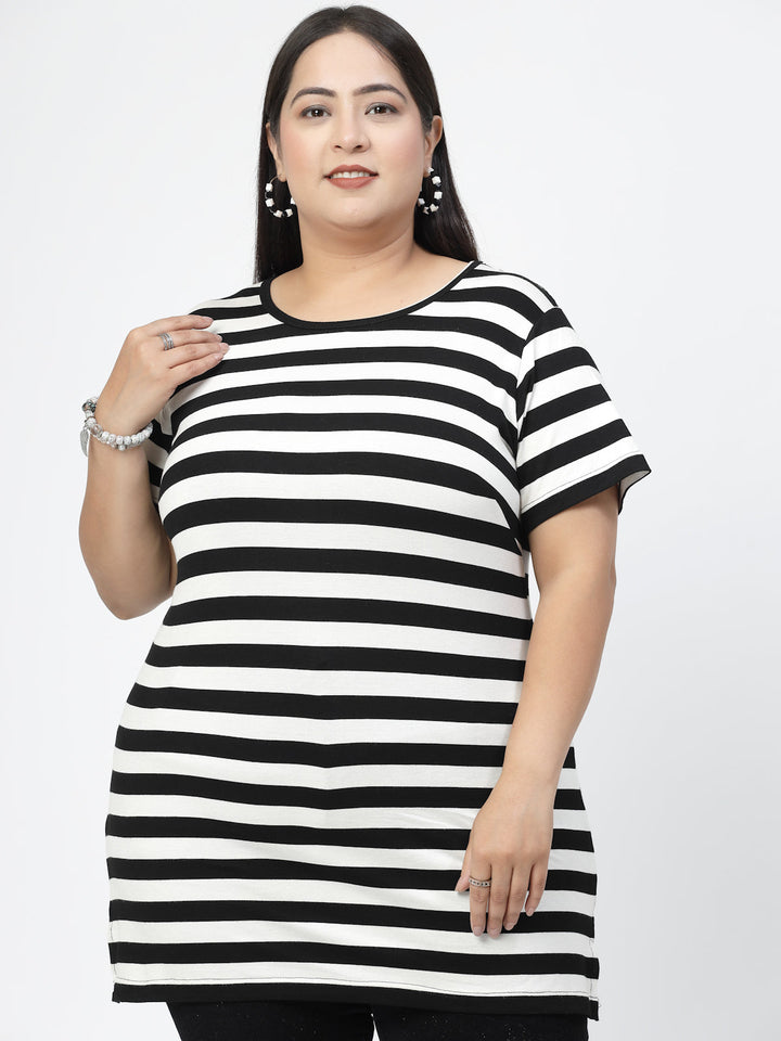Plus Size White Horizontal Striped Round Neck Pure Cotton Casual T-shirt