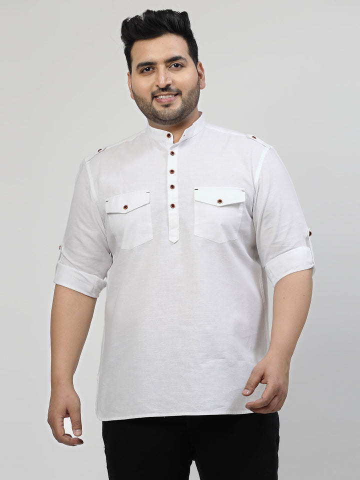 Plus Size Mandarin Collar Roll Up Sleeves Pure Cotton Casual Shirt