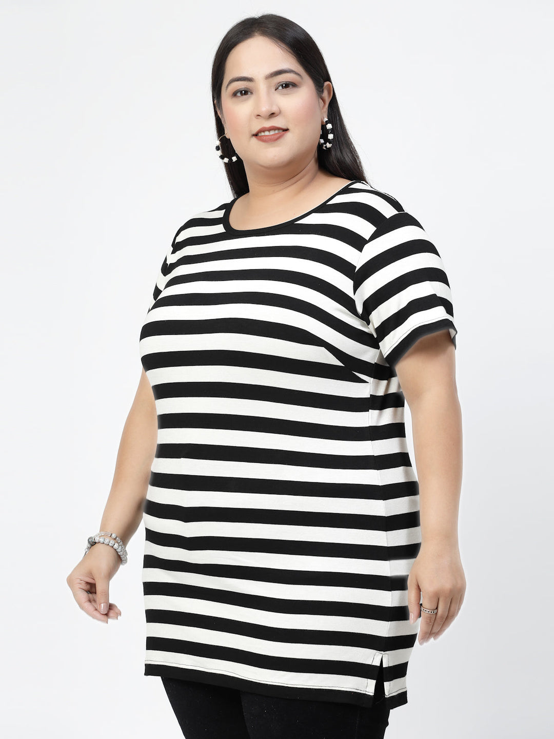 Plus Size White Horizontal Striped Round Neck Pure Cotton Casual T-shirt