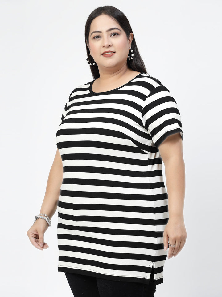 Plus Size White Horizontal Striped Round Neck Pure Cotton Casual T-shirt