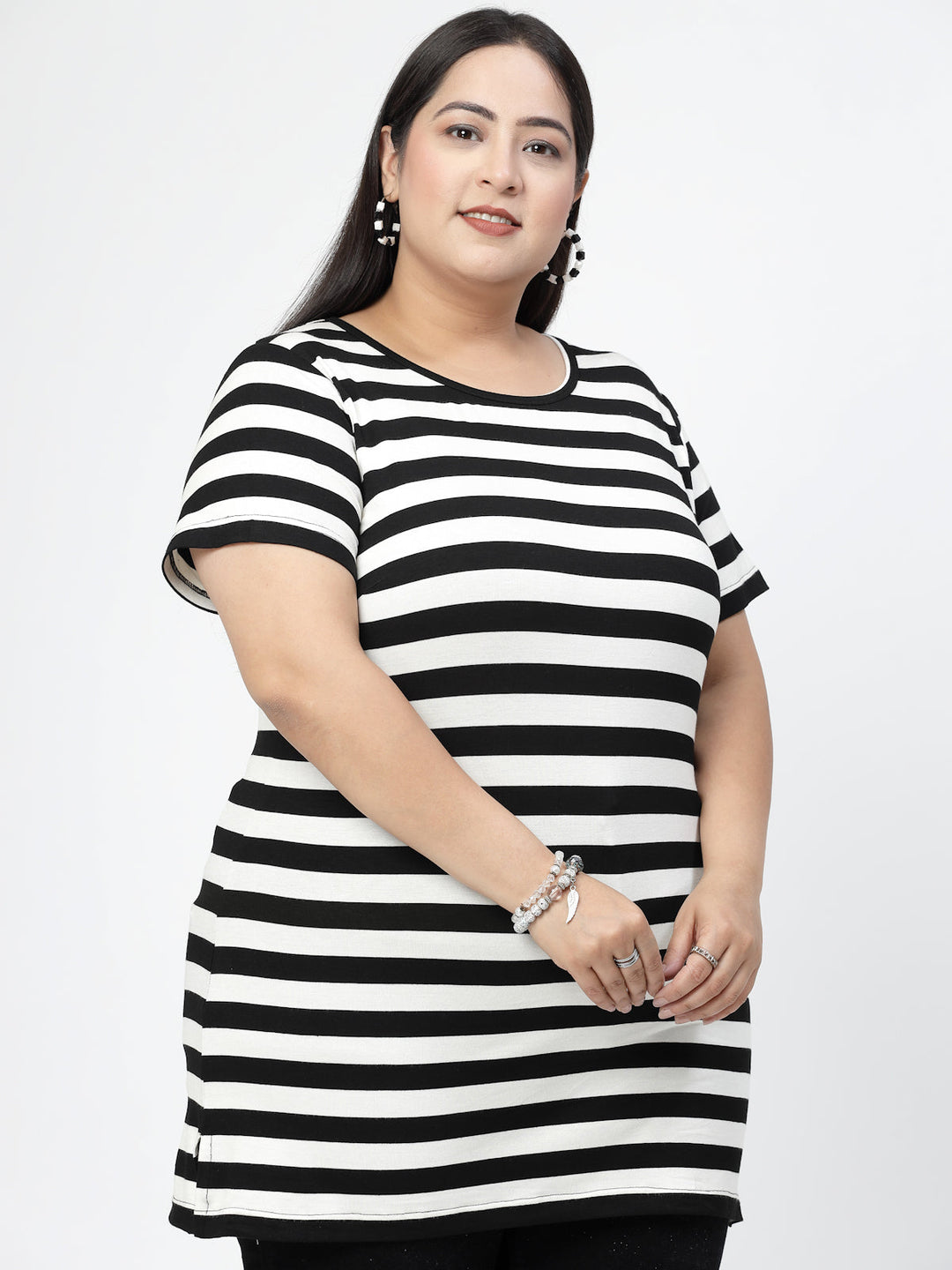 Plus Size White Horizontal Striped Round Neck Pure Cotton Casual T-shirt