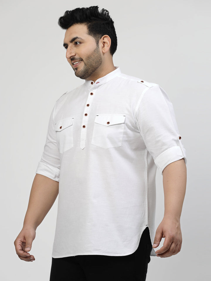 Plus Size Mandarin Collar Roll Up Sleeves Pure Cotton Casual Shirt