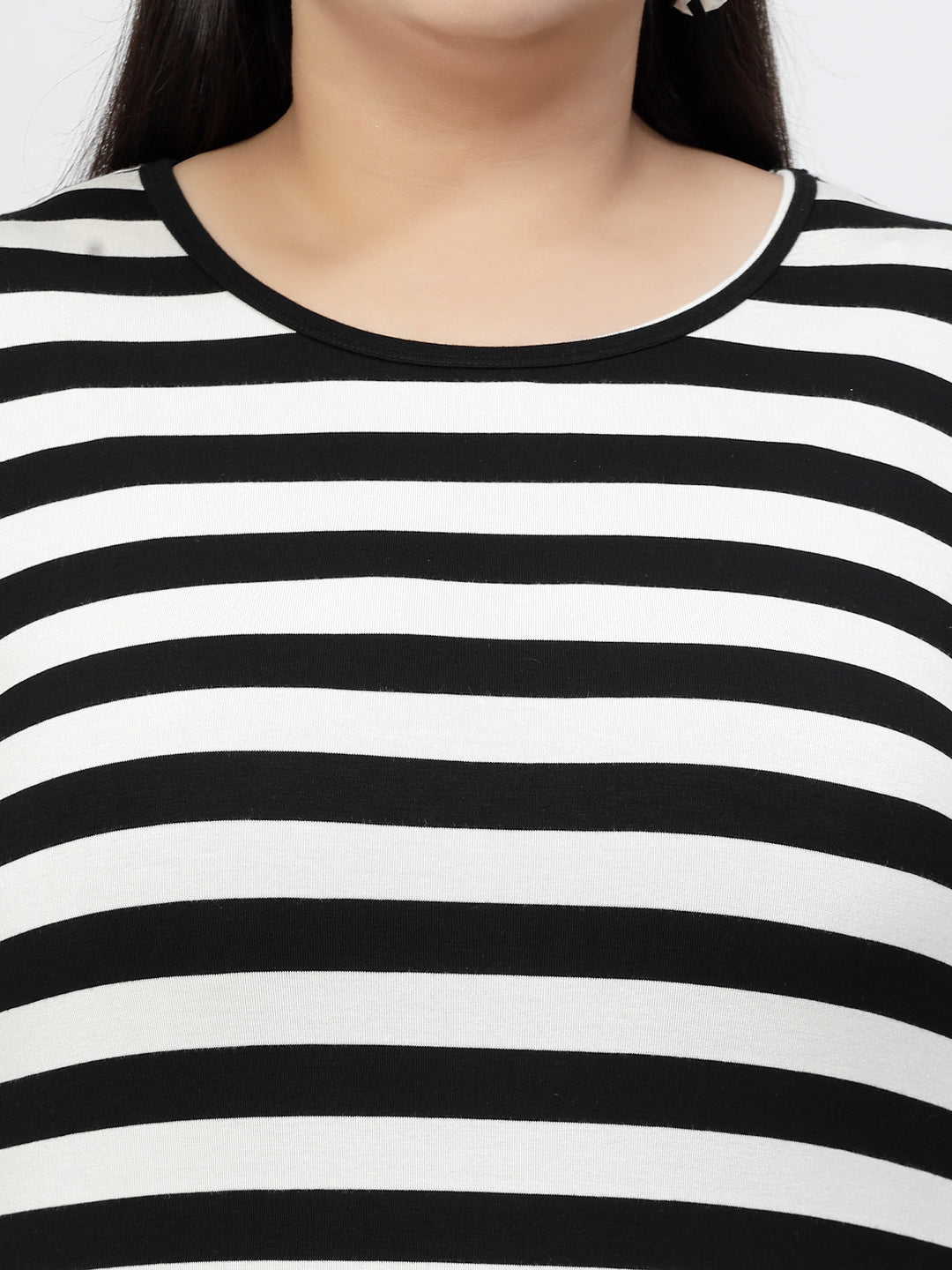 Plus Size White Horizontal Striped Round Neck Pure Cotton Casual T-shirt