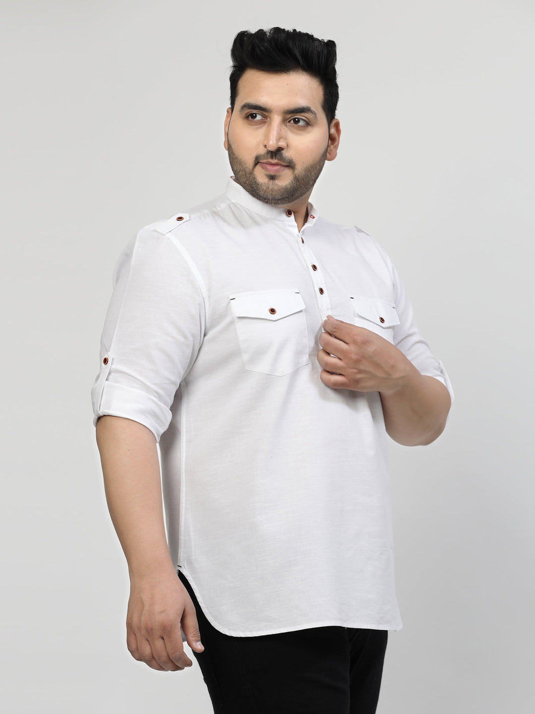 Plus Size Mandarin Collar Roll Up Sleeves Pure Cotton Casual Shirt
