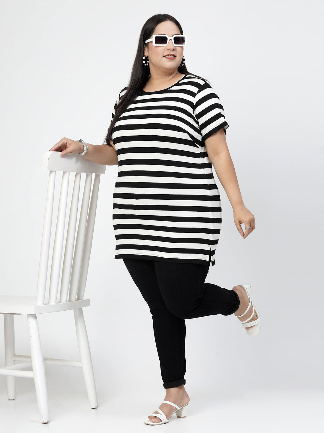 Plus Size White Horizontal Striped Round Neck Pure Cotton Casual T-shirt