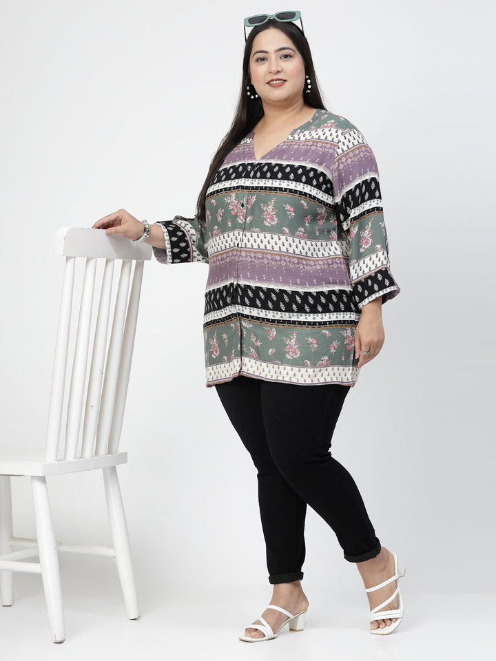 Plus Size  Floral Printed Mandarin Collar Roll-Up Sleeves Top
