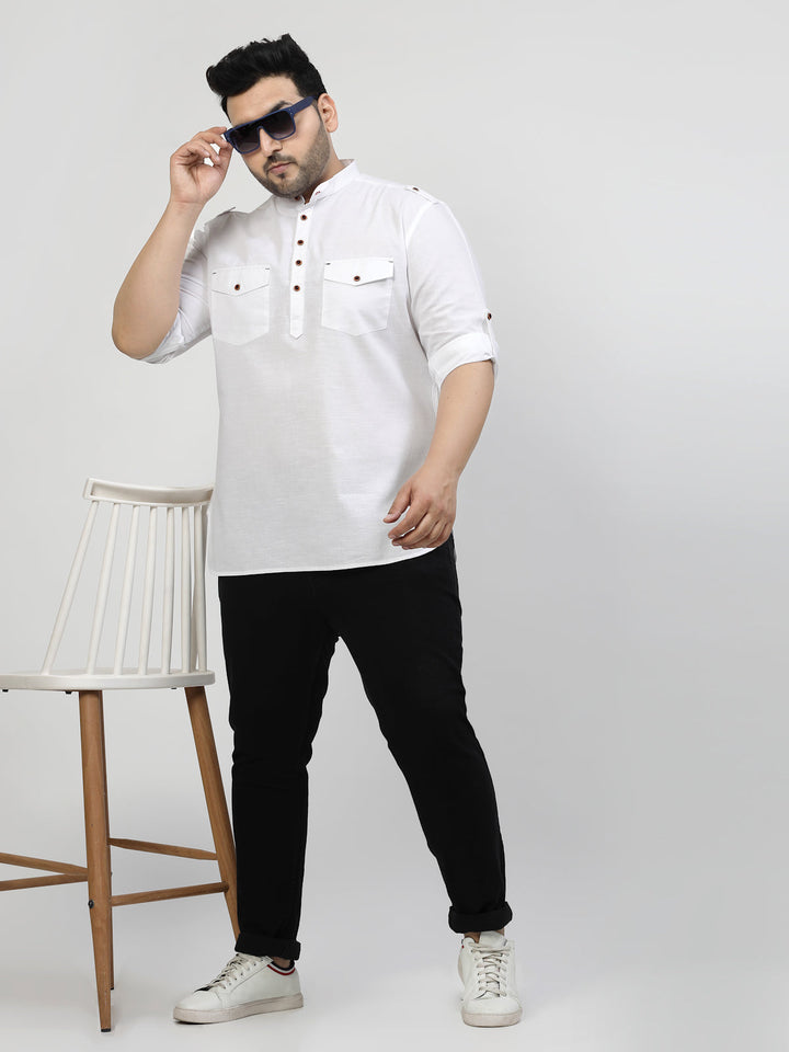 Plus Size Mandarin Collar Roll Up Sleeves Pure Cotton Casual Shirt