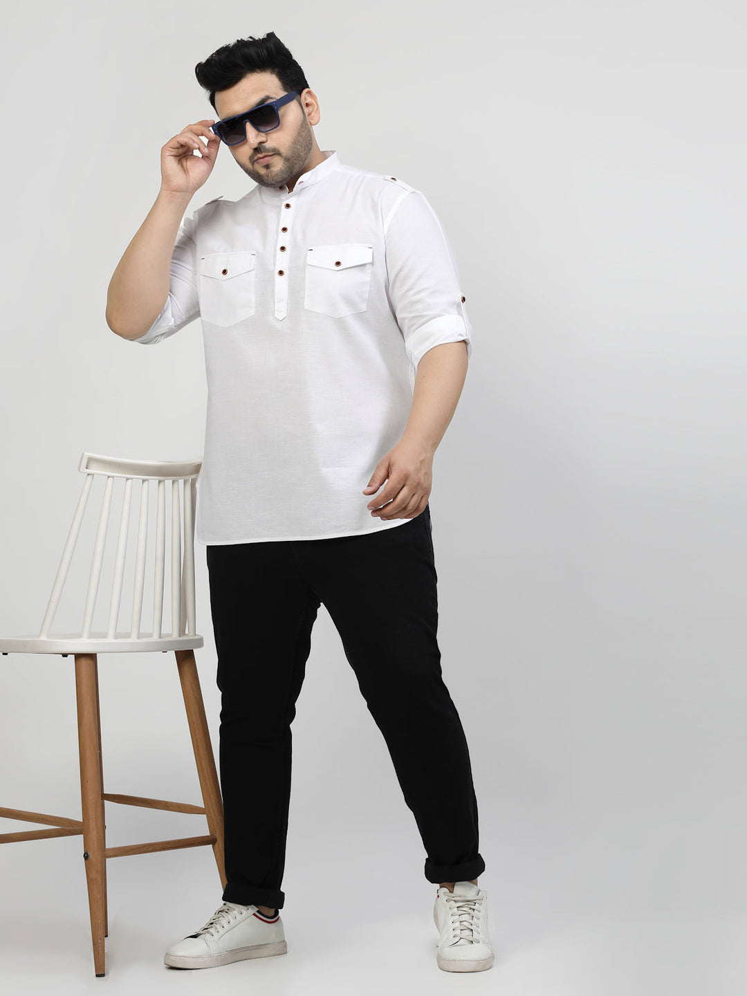 Plus Size Mandarin Collar Roll Up Sleeves Pure Cotton Casual Shirt