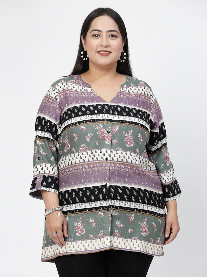 Plus Size  Floral Printed Mandarin Collar Roll-Up Sleeves Top