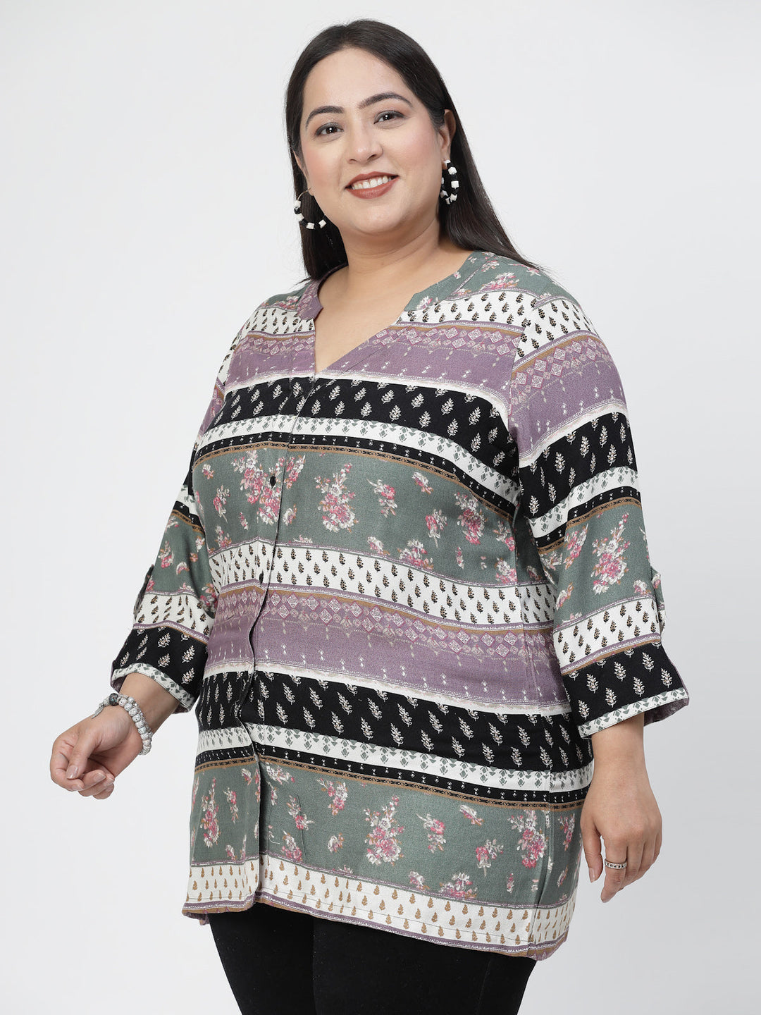 Plus Size  Floral Printed Mandarin Collar Roll-Up Sleeves Top