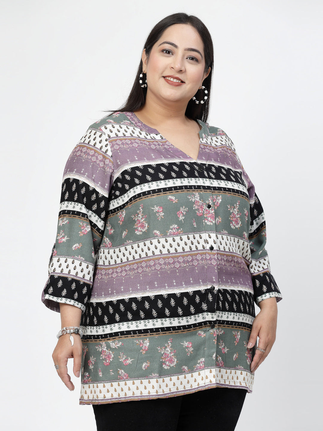 Plus Size  Floral Printed Mandarin Collar Roll-Up Sleeves Top