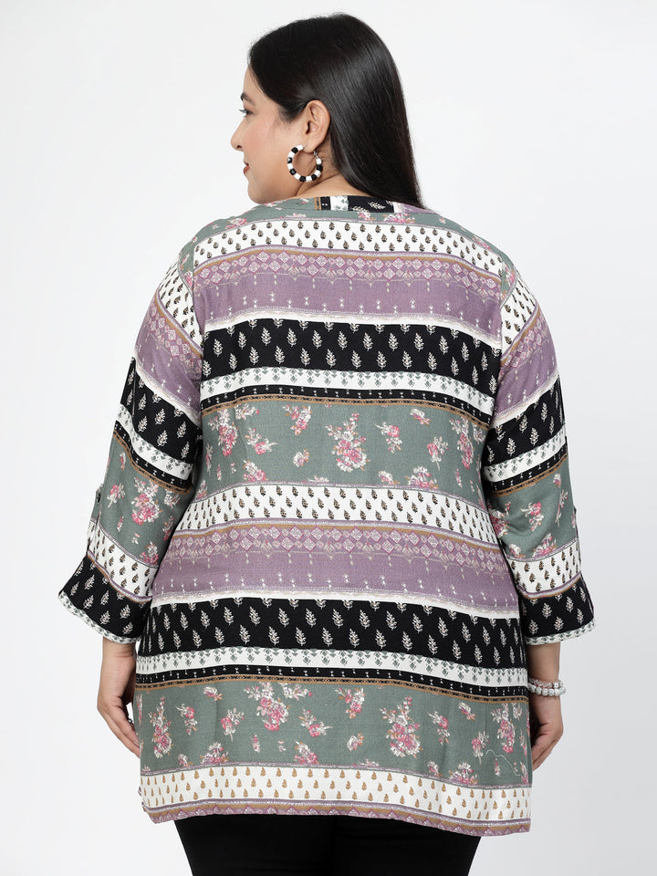 Plus Size  Floral Printed Mandarin Collar Roll-Up Sleeves Top