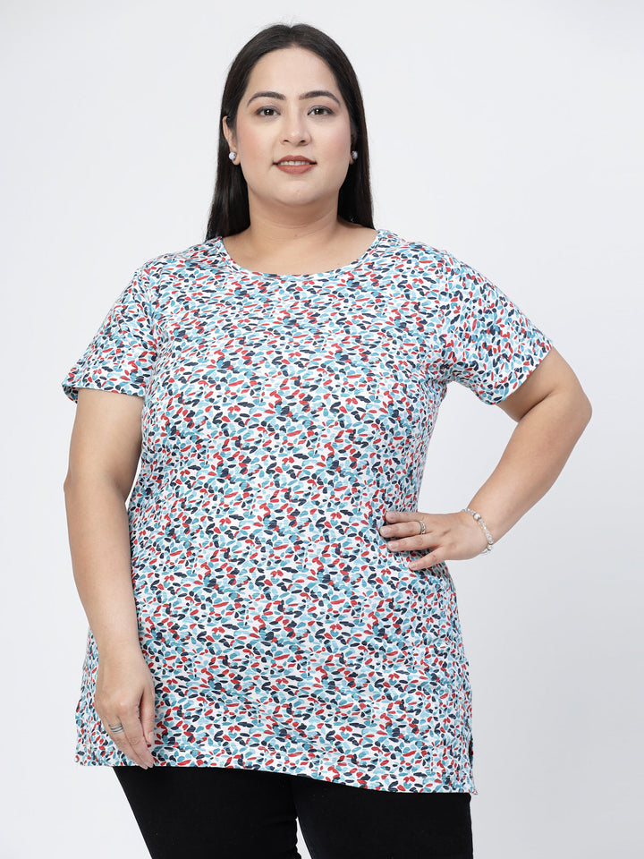 Plus Size Round Neck Short Sleeves Abstract Printed Cotton Regular Fit  T-shirt