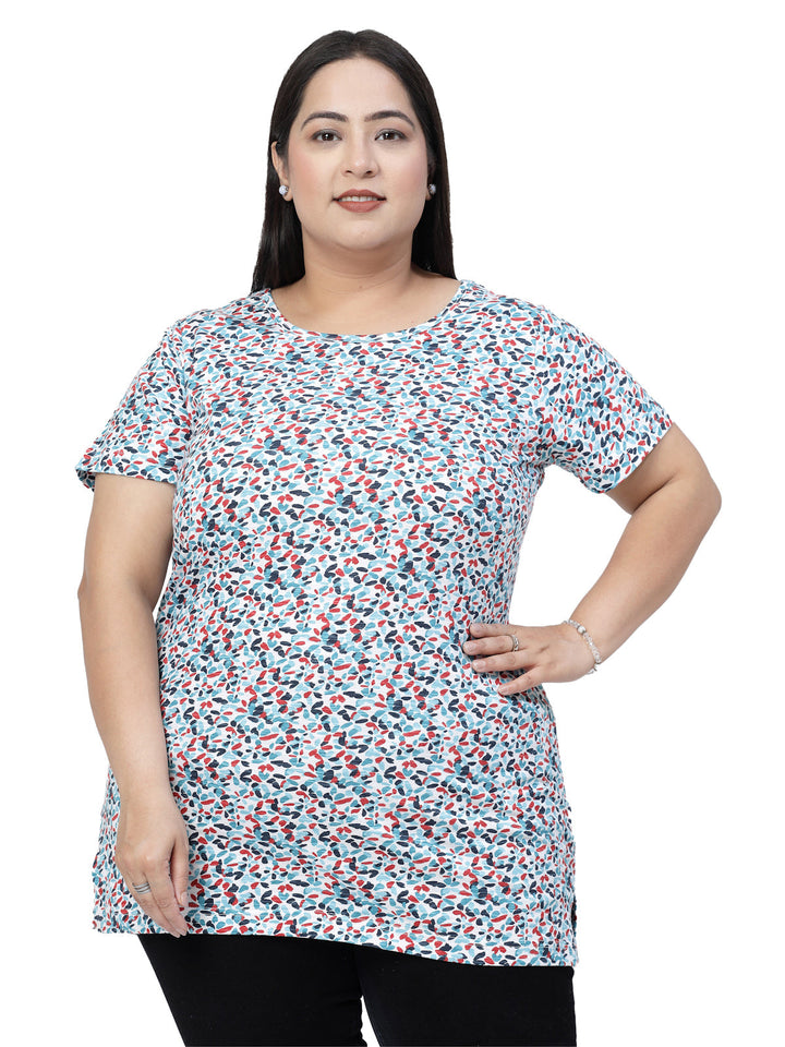 Plus Size Round Neck Short Sleeves Abstract Printed Cotton Regular Fit  T-shirt
