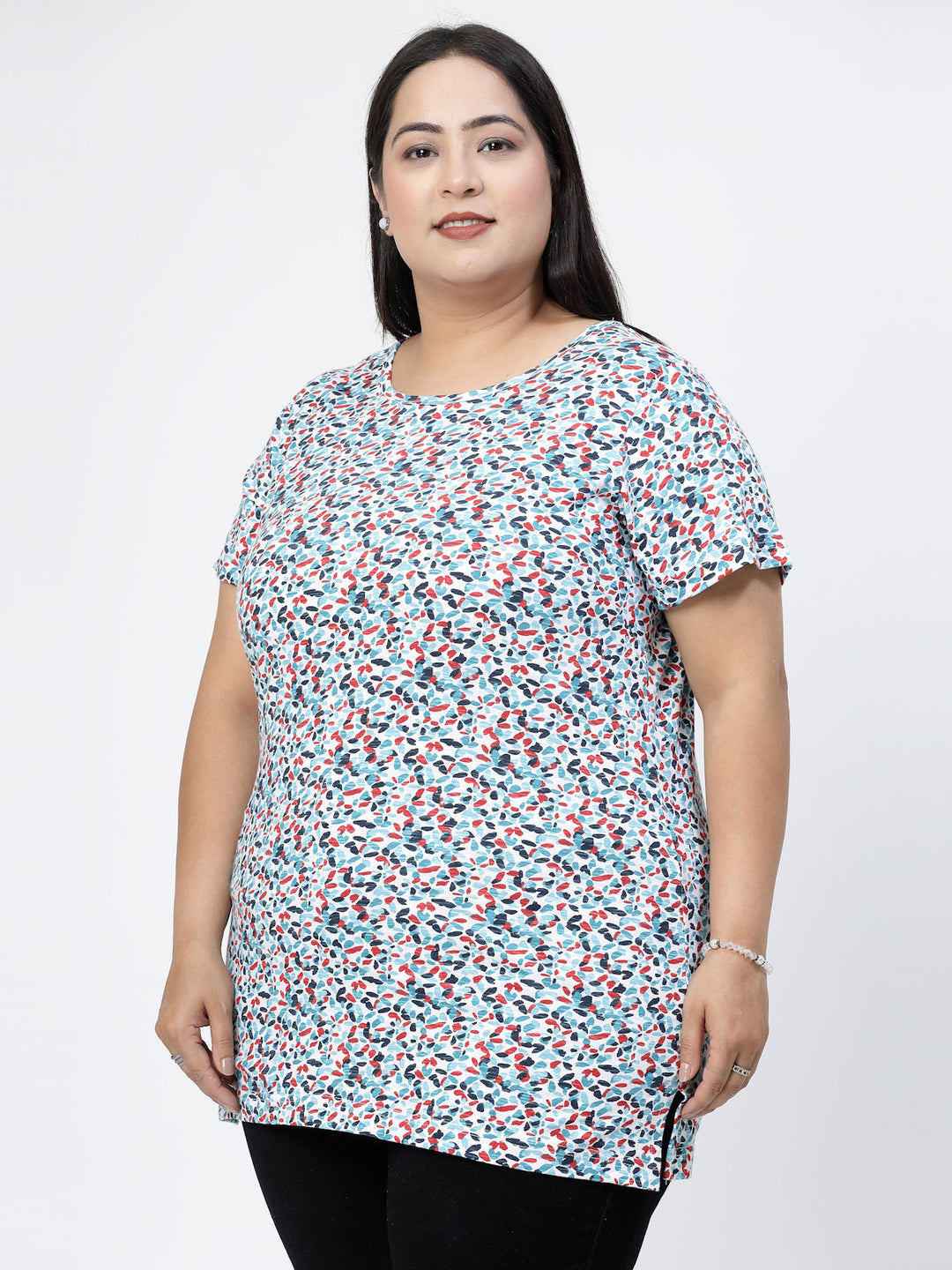 Plus Size Round Neck Short Sleeves Abstract Printed Cotton Regular Fit  T-shirt