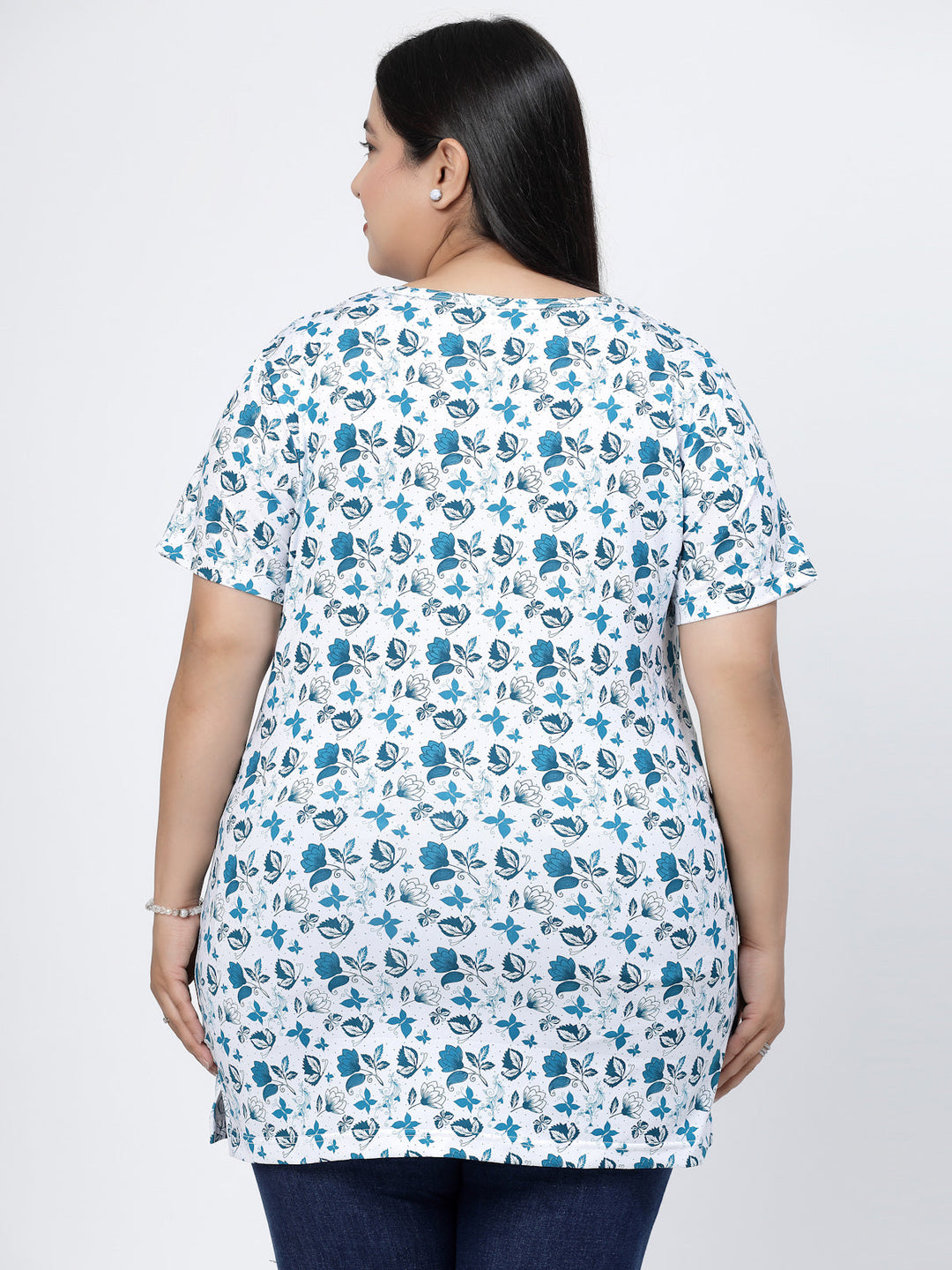 Plus Size Round Neck Short Sleeves Floral Printed Cotton Regular Fit  T-shirt