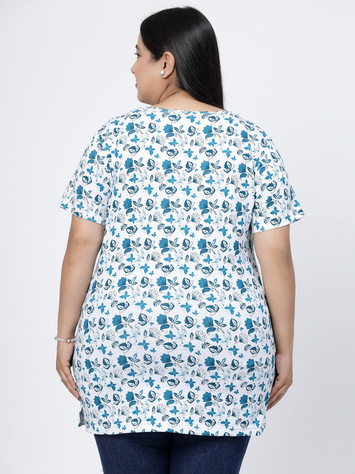 Plus Size Round Neck Short Sleeves Floral Printed Cotton Regular Fit  T-shirt