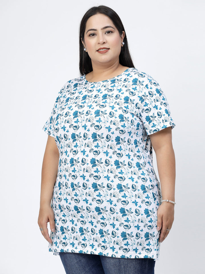 Plus Size Round Neck Short Sleeves Floral Printed Cotton Regular Fit  T-shirt