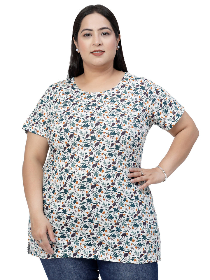 Plus Size White Floral Printed Round Neck Pure Cotton Casual T-shirt