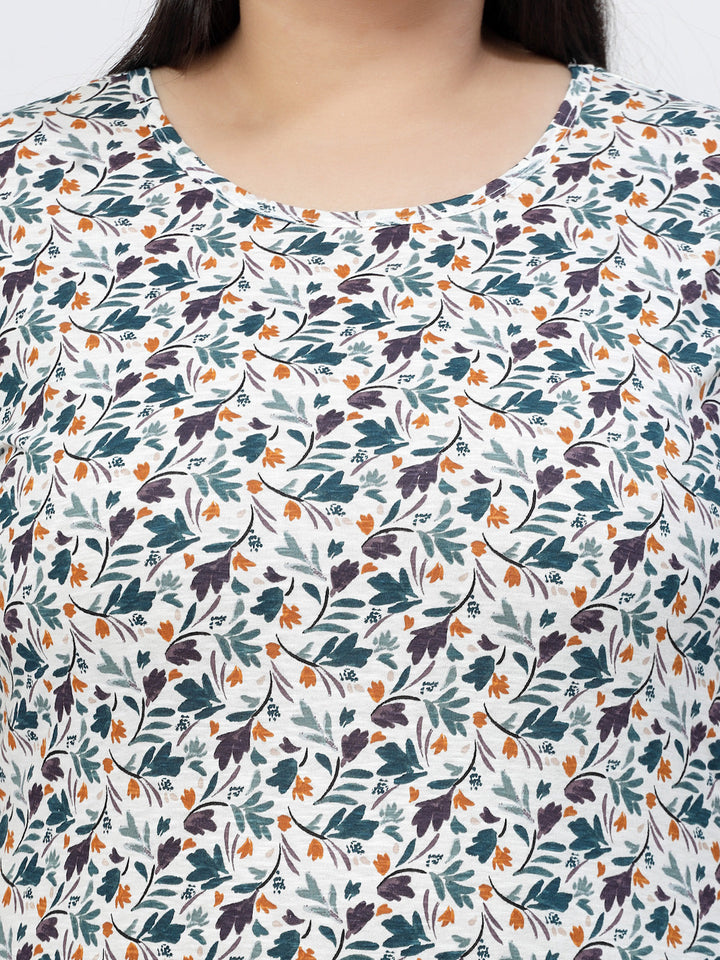 Plus Size White Floral Printed Round Neck Pure Cotton Casual T-shirt