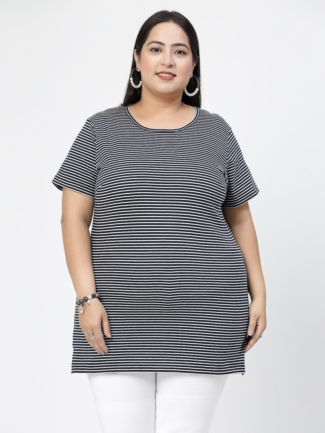 Plus Size Round Neck Short Sleeves Striped Cotton Regular Fit  T-shirt