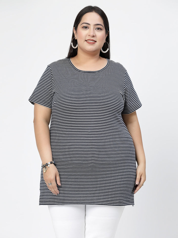 Plus Size Round Neck Short Sleeves Striped Cotton Regular Fit  T-shirt