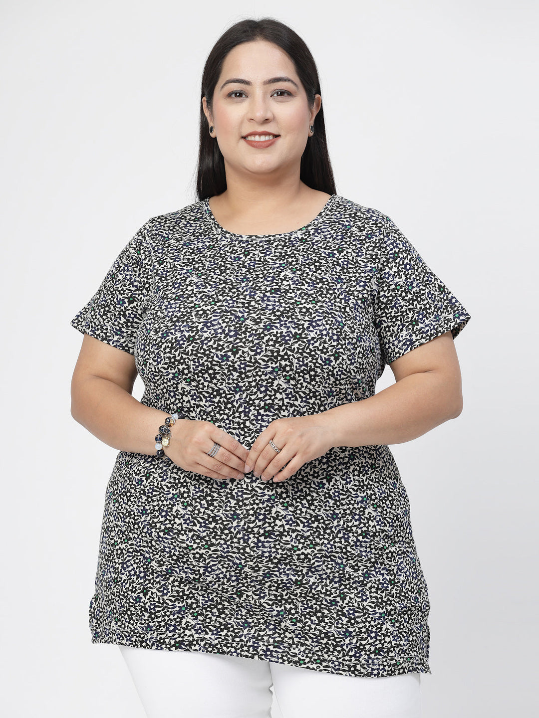 Plus Size Black Floral Printed Round Neck Pure Cotton Casual Longline T-shirt