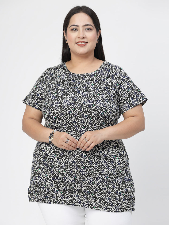 Plus Size Black Floral Printed Round Neck Pure Cotton Casual Longline T-shirt
