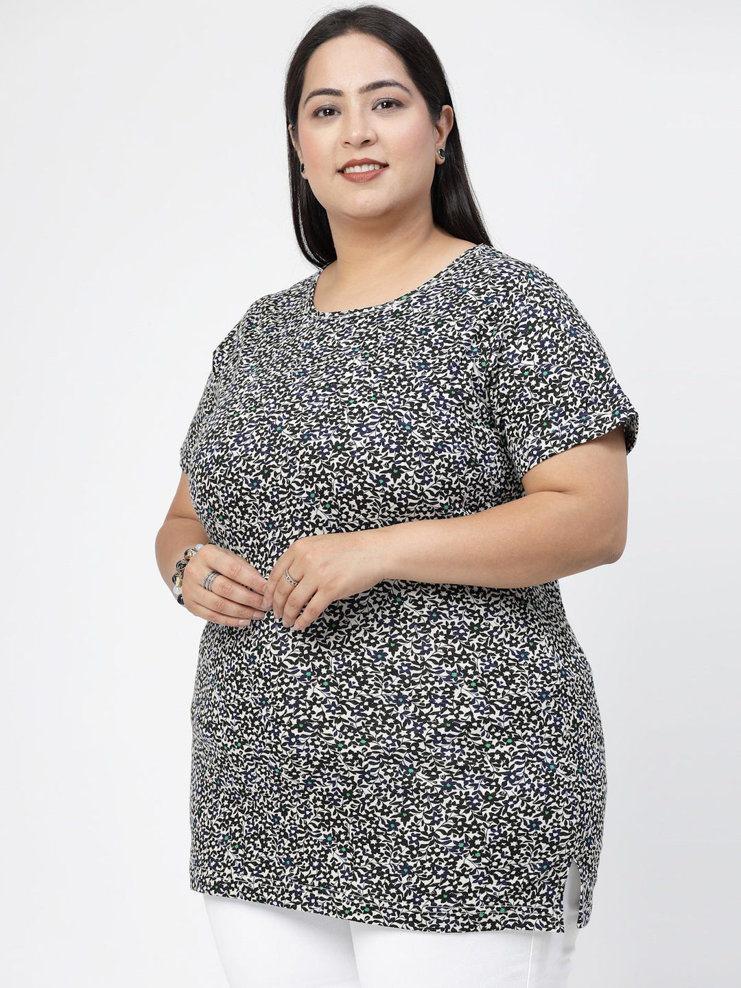 Plus Size Black Floral Printed Round Neck Pure Cotton Casual Longline T-shirt