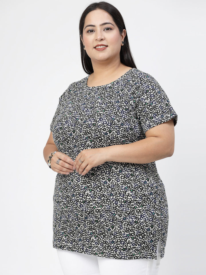 Plus Size Black Floral Printed Round Neck Pure Cotton Casual Longline T-shirt