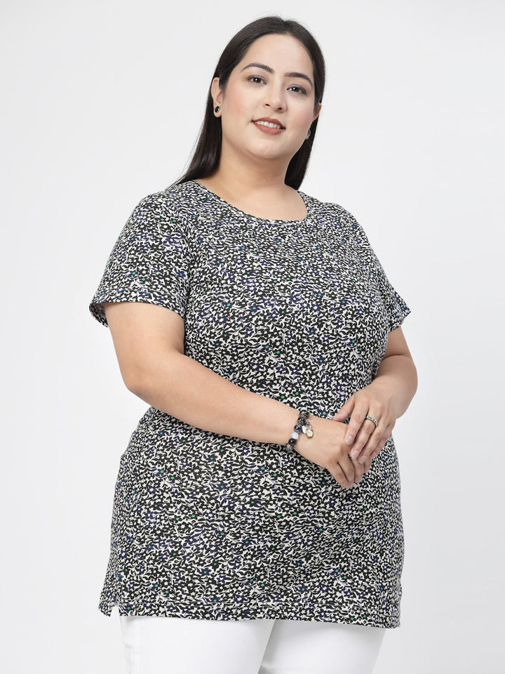 Plus Size Black Floral Printed Round Neck Pure Cotton Casual Longline T-shirt