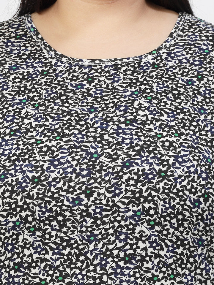 Plus Size Black Floral Printed Round Neck Pure Cotton Casual Longline T-shirt
