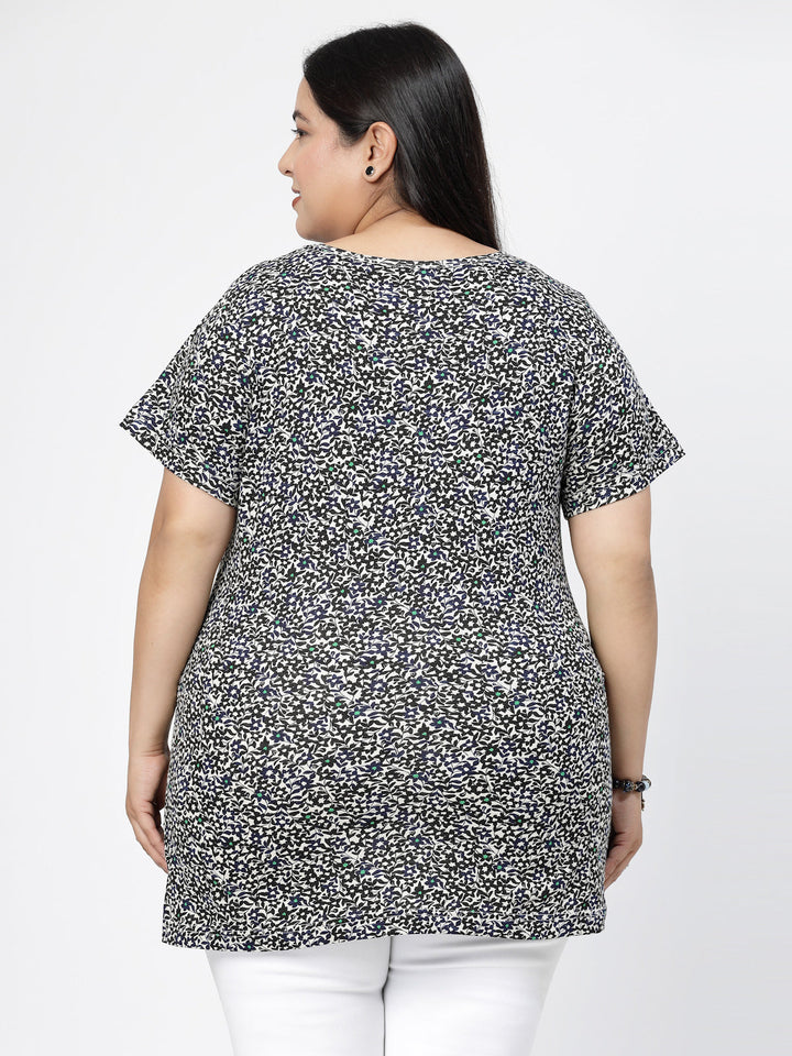 Plus Size Black Floral Printed Round Neck Pure Cotton Casual Longline T-shirt