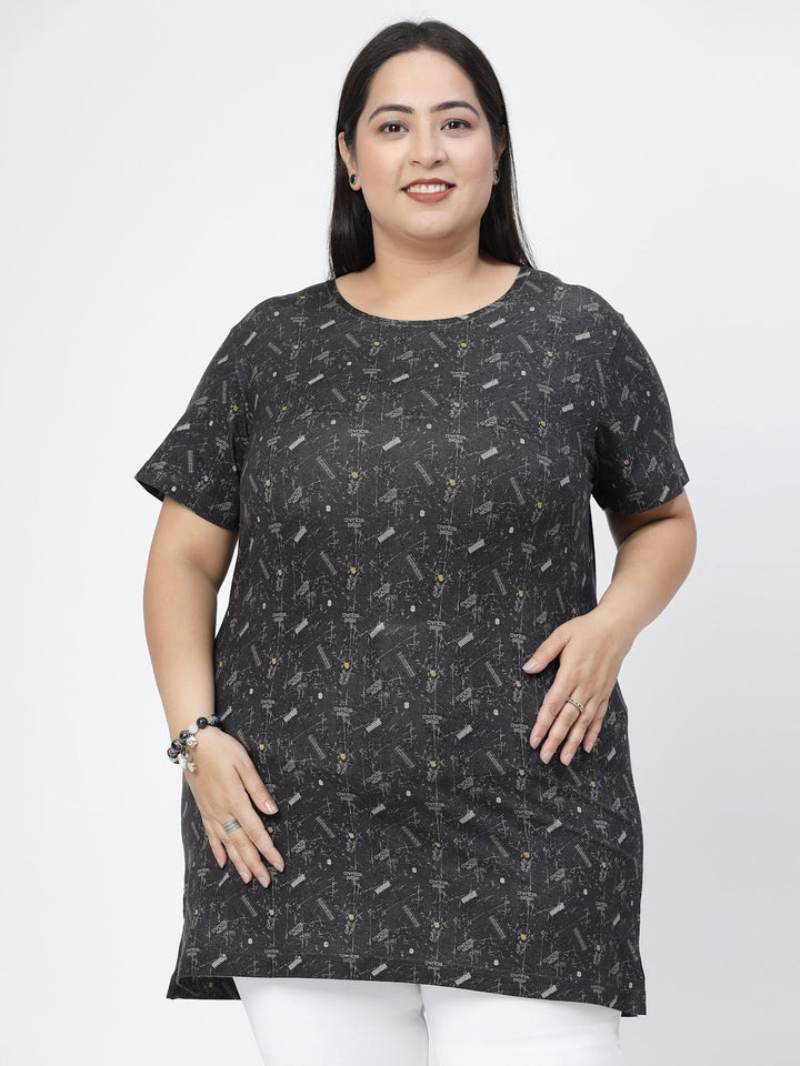 Plus Size Black Graphic Printed Drop-Shoulder Sleeves Regular Fit Cotton Casual T-shirt