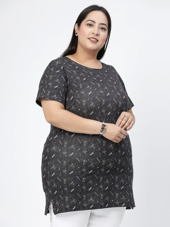 Plus Size Black Graphic Printed Drop-Shoulder Sleeves Regular Fit Cotton Casual T-shirt