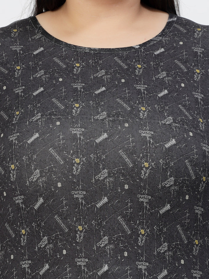 Plus Size Black Graphic Printed Drop-Shoulder Sleeves Regular Fit Cotton Casual T-shirt