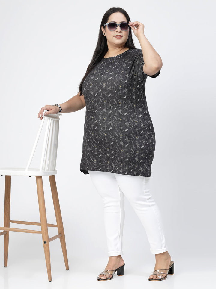 Plus Size Black Graphic Printed Drop-Shoulder Sleeves Regular Fit Cotton Casual T-shirt