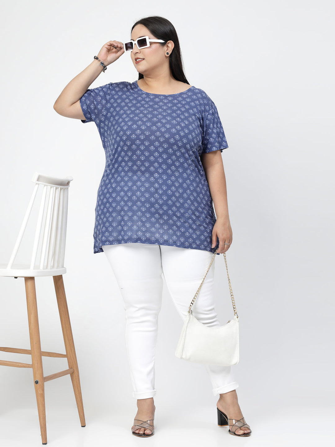 Plus Size Floral Printed Round Neck Cotton T-shirt