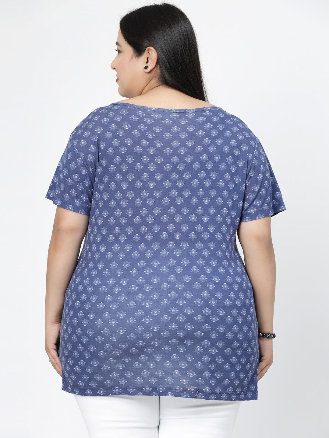 Plus Size Floral Printed Round Neck Cotton T-shirt