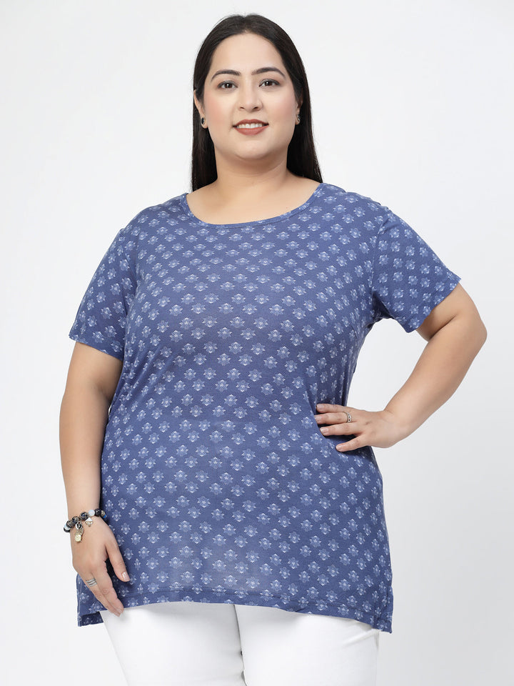 Plus Size Floral Printed Round Neck Cotton T-shirt