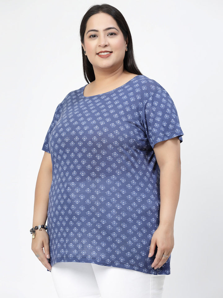 Plus Size Floral Printed Round Neck Cotton T-shirt
