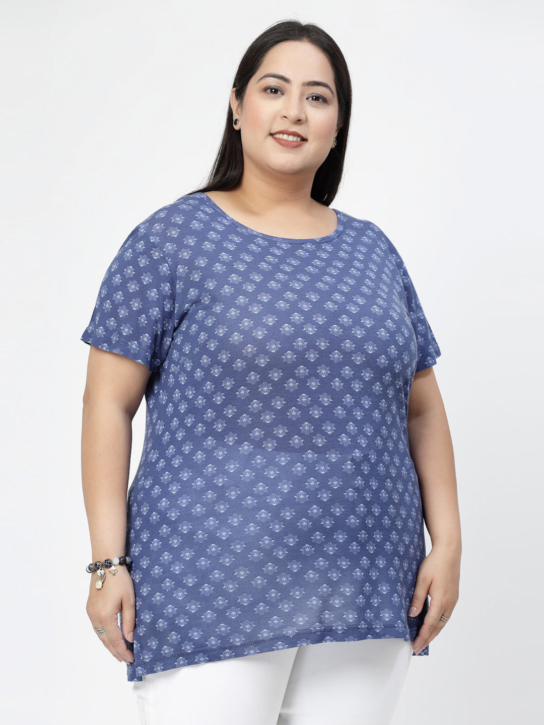 Plus Size Floral Printed Round Neck Cotton T-shirt