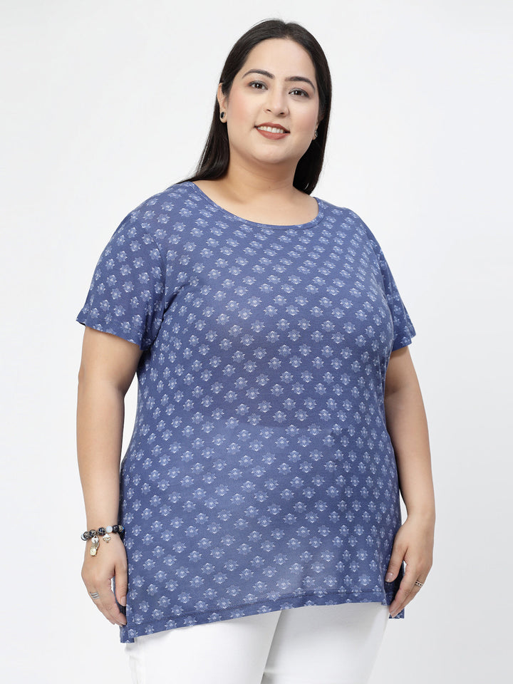 Plus Size Floral Printed Round Neck Cotton T-shirt