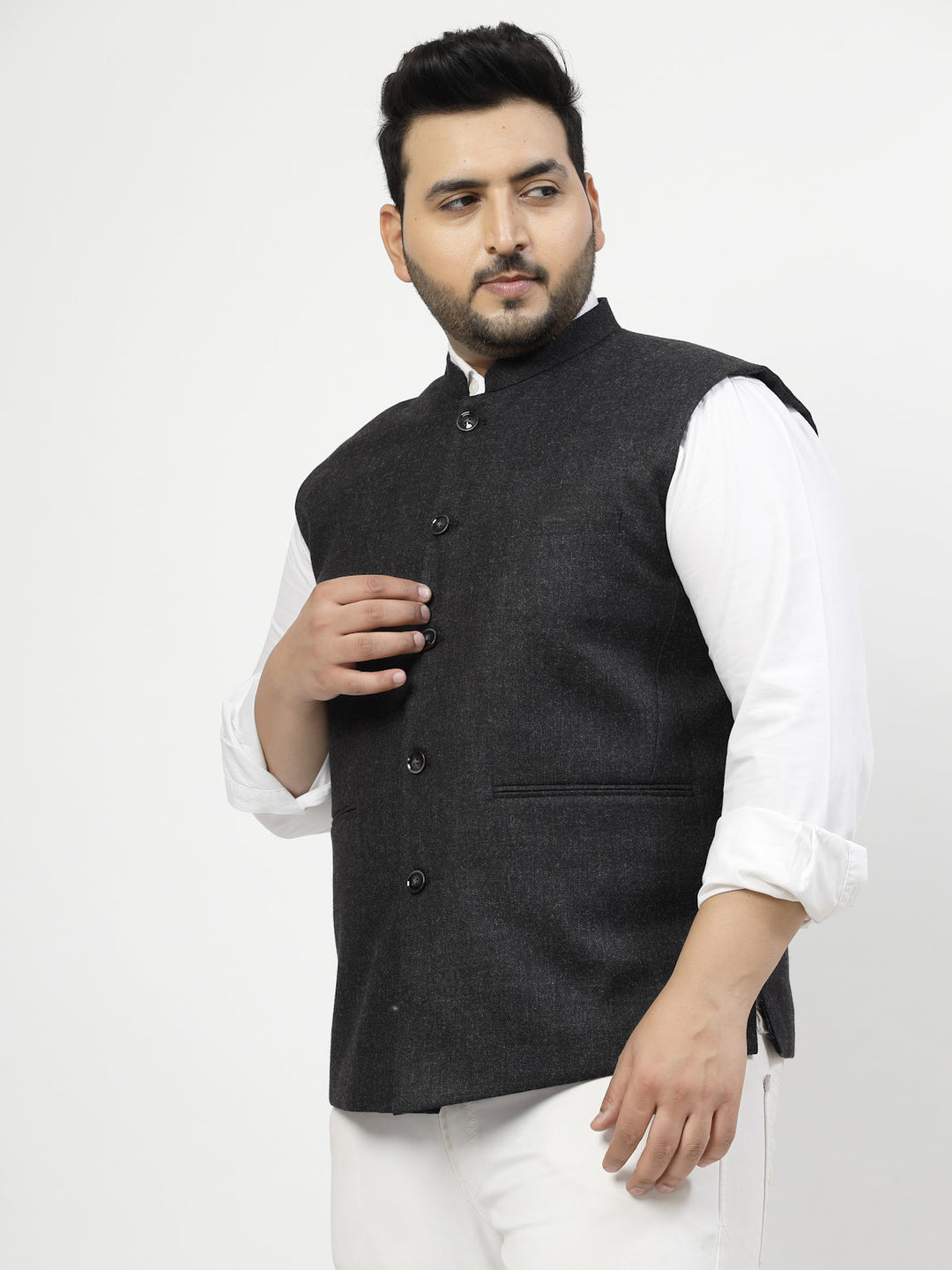 Plus Size Mandarin Collar Woven Nehru Jacket