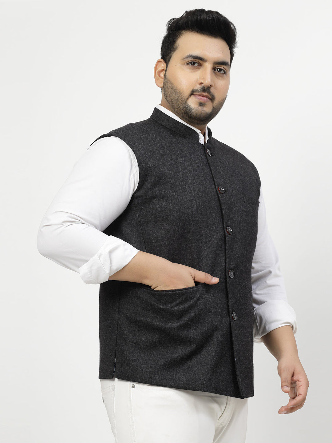 Plus Size Mandarin Collar Woven Nehru Jacket