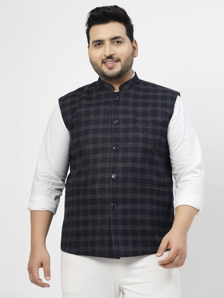Plus Size Men Blue Checked Waistcoat