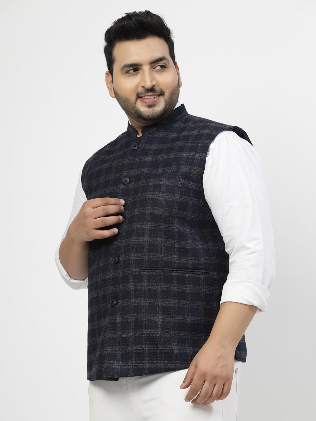 Plus Size Men Blue Checked Waistcoat