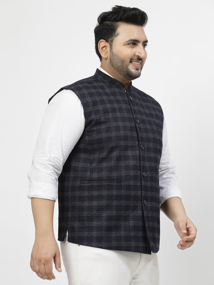 Plus Size Men Blue Checked Waistcoat