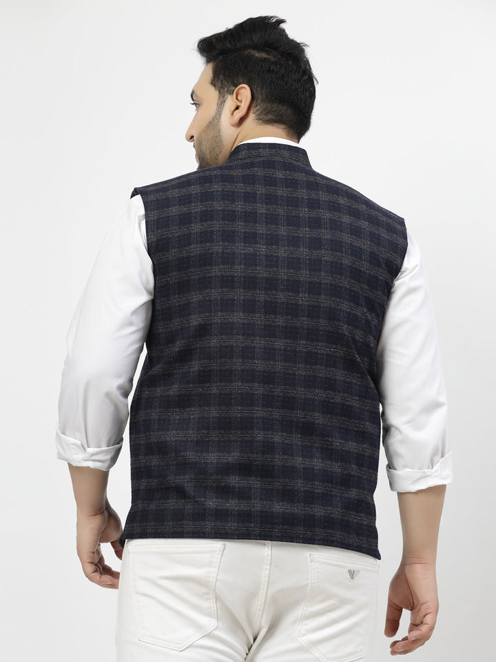 Plus Size Men Blue Checked Waistcoat