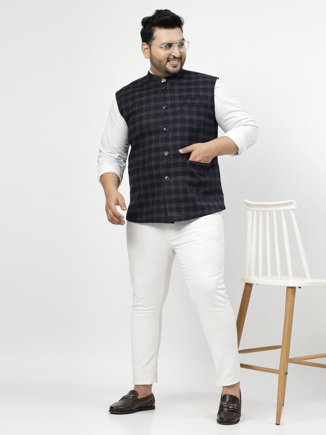 Plus Size Men Blue Checked Waistcoat